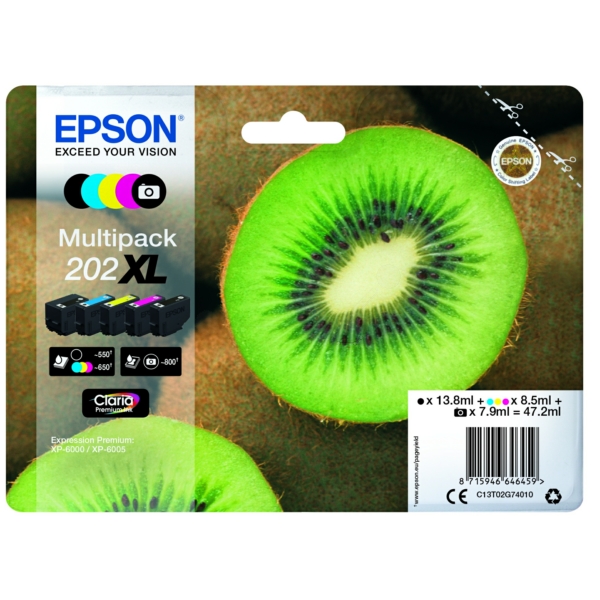 Original Epson Tinte 202XL BK C M Y / C13T02G74010 schwarz cyan magenta photoblack gelb für C13T02G74010